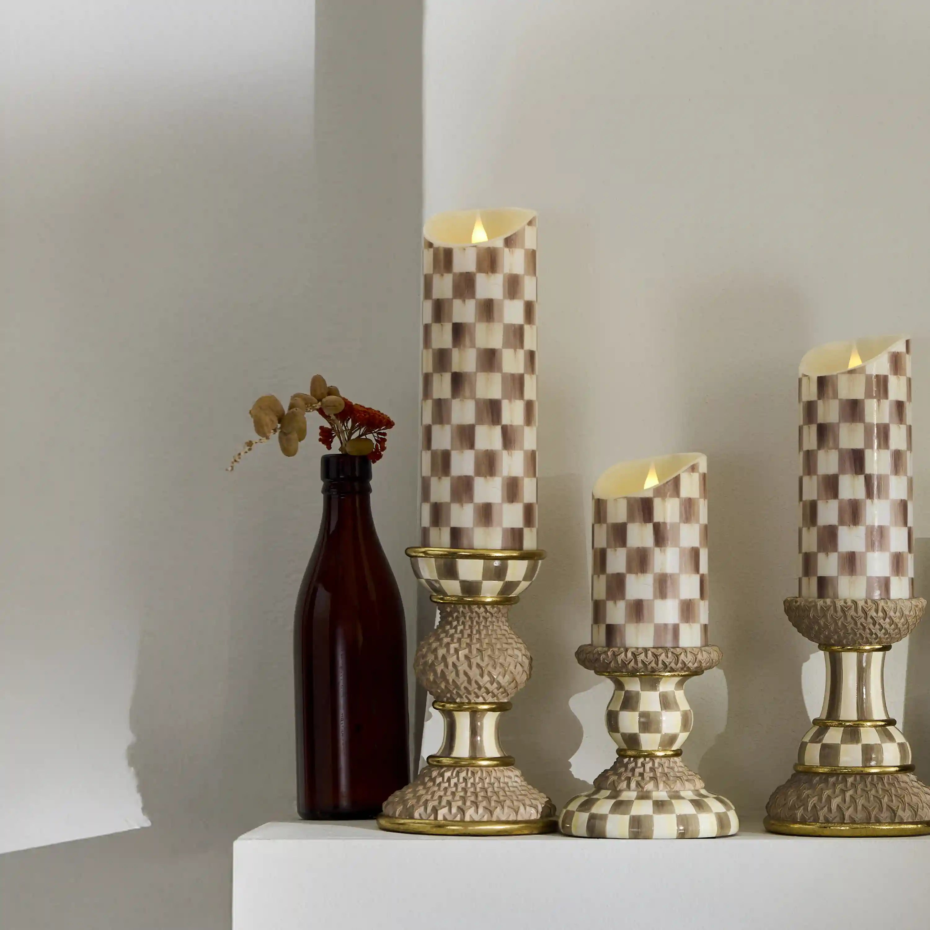 Emerald Check Flameless 9" Pillar Candle