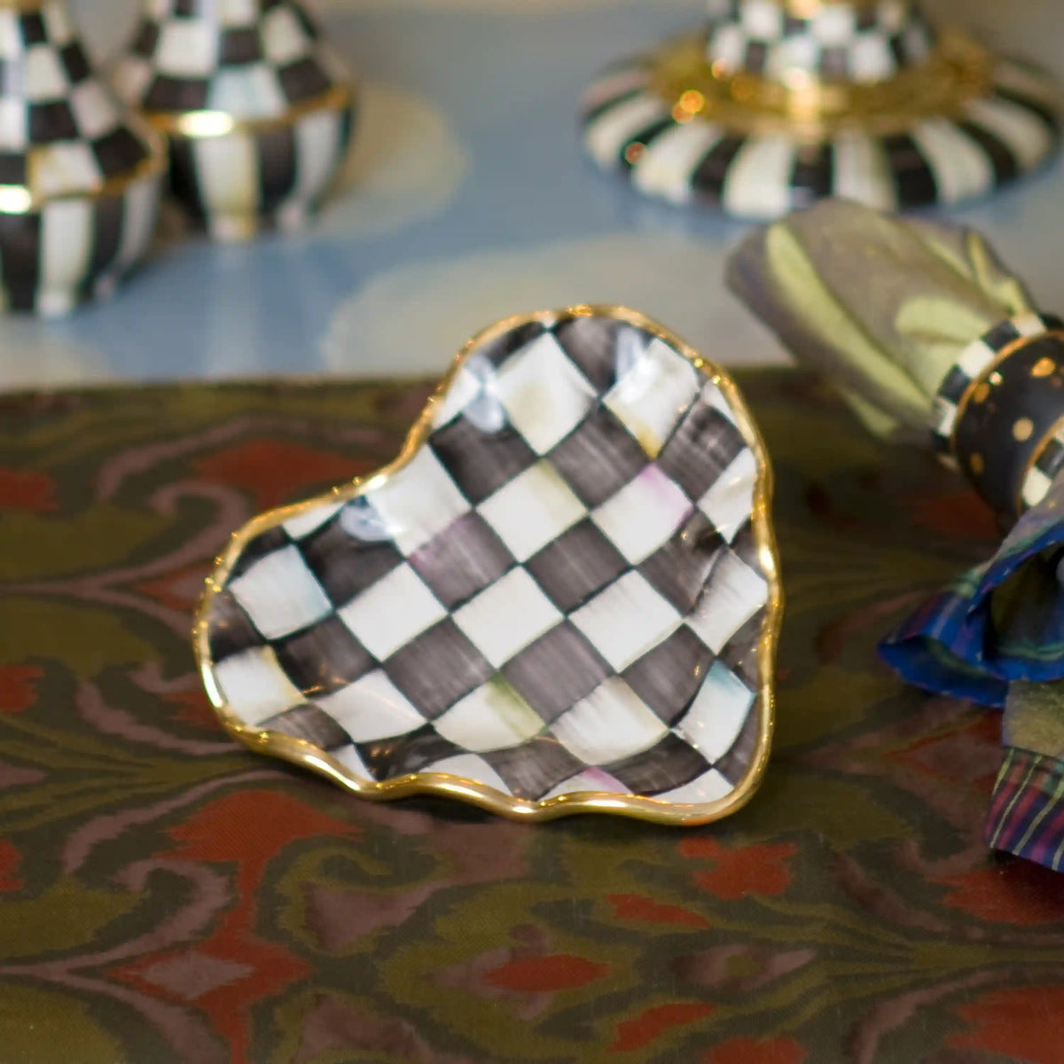 Mocha Check Ceramic Heart Plate