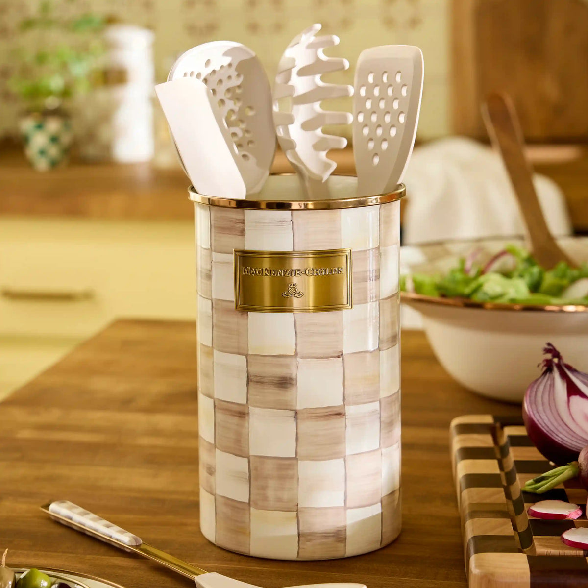 Emerald Check Utensil Holder