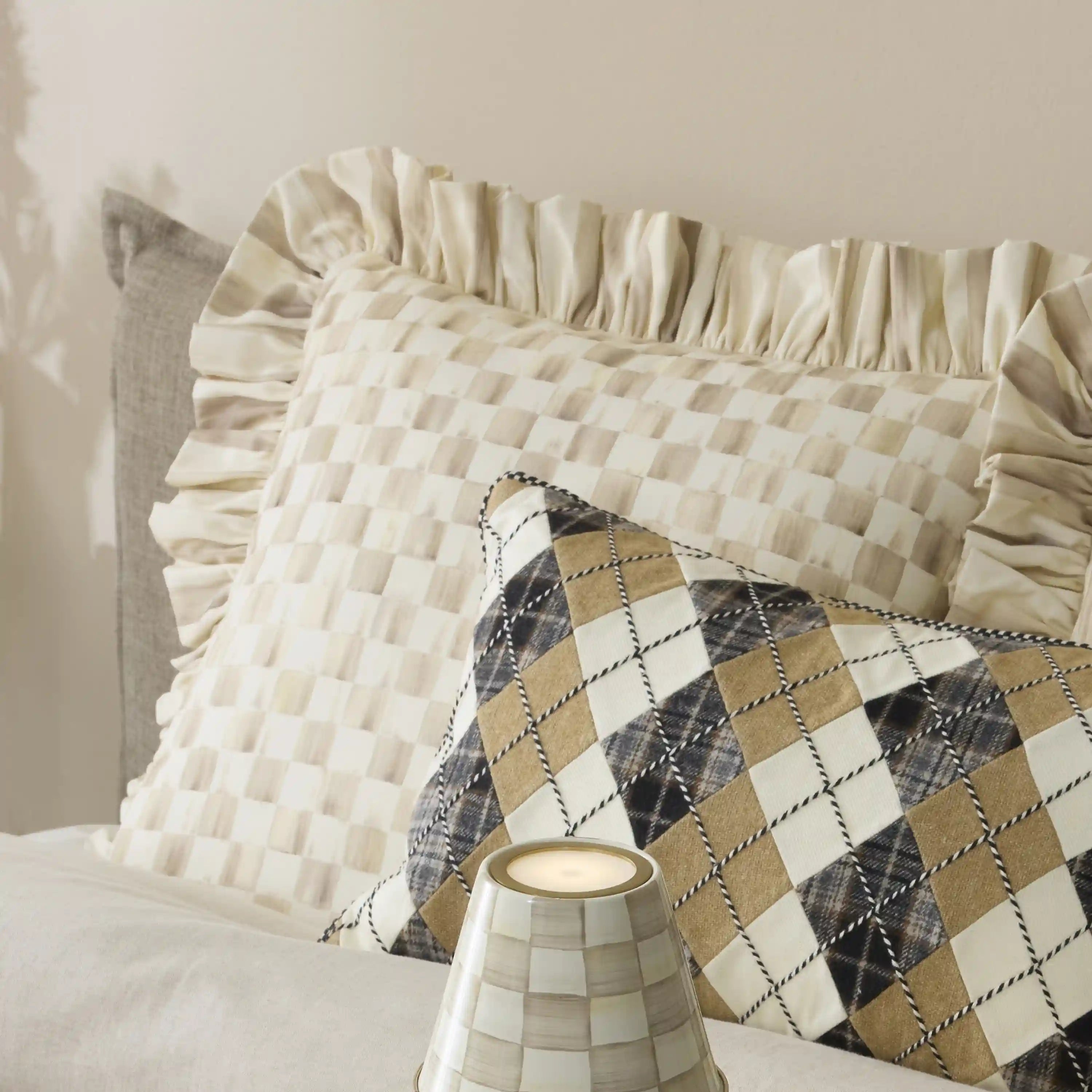 Mocha Check Lumbar Throw Pillow with Ruffle