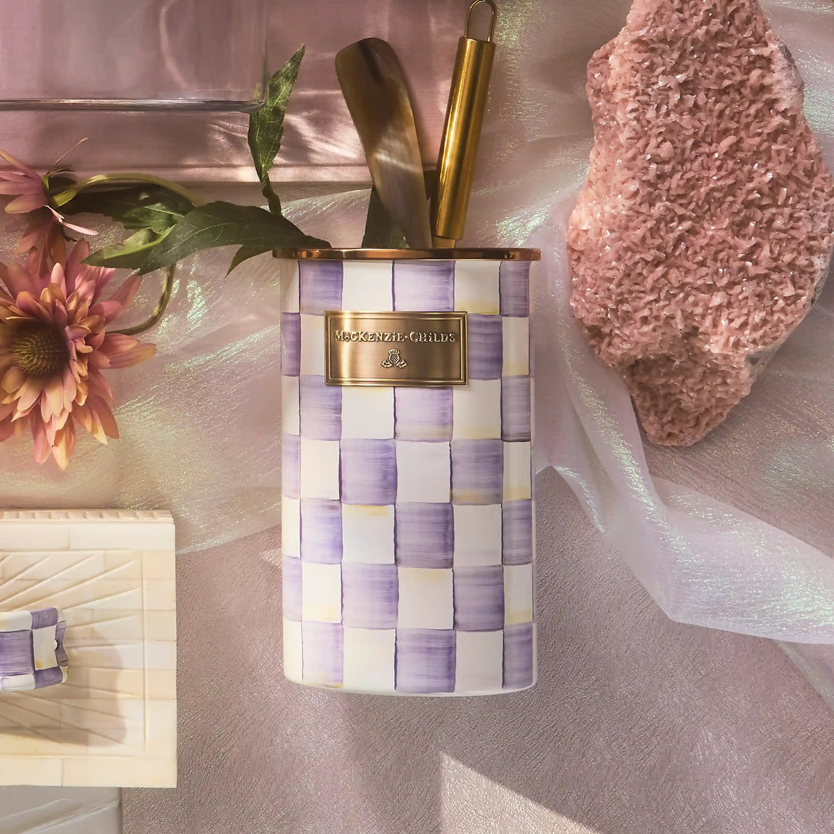 Emerald Check Utensil Holder