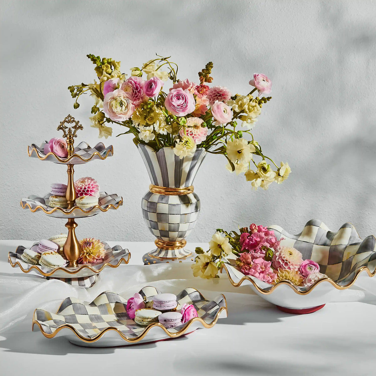 Sterling Check Ceramic Three Tier Sweet Stand